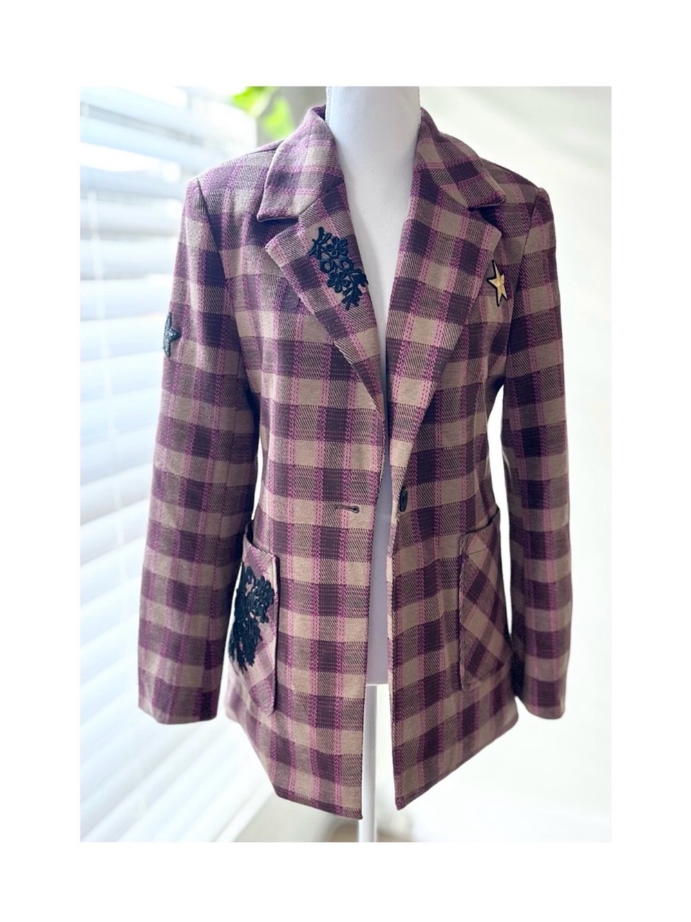 Anthropologie Lavender and Mauve Plaid Blazer with Embellishments